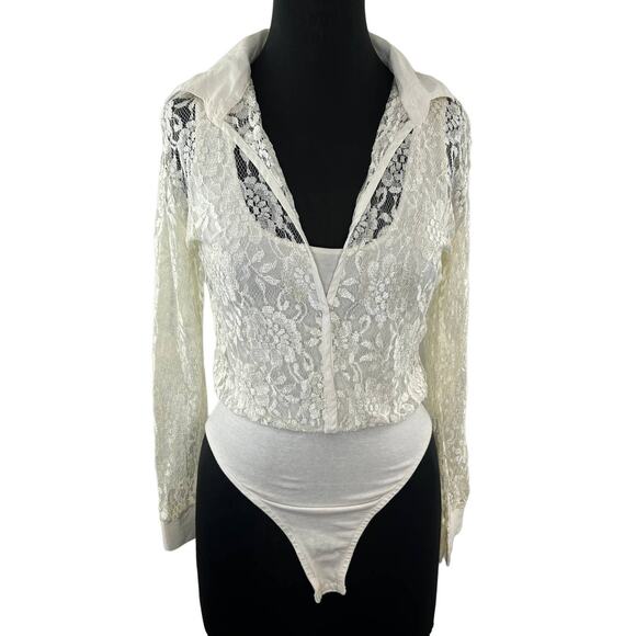 VINTAGE Anxiety Ivory Floral Lace Snap Up Long Sleeve Blouse Bodysuit Top VTG M - Picture 1 of 7